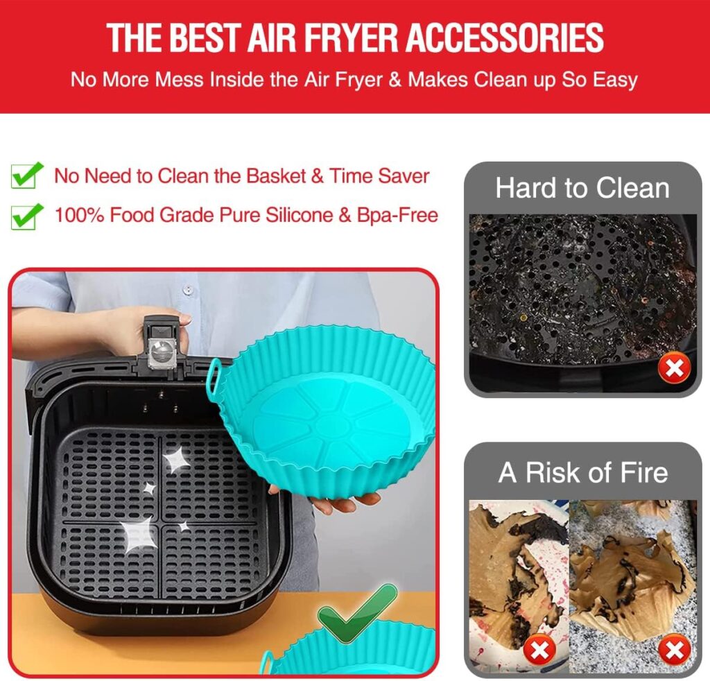 2 Pack Air Fryer Silicone Liners Pot for 3 to 5 QT, Basket Bowl, Replacement of Flammable Parchment Paper, Reusable Baking Tray Oven Accessories, Red+Blue, (Top 8in, Bottom 6.75in)
