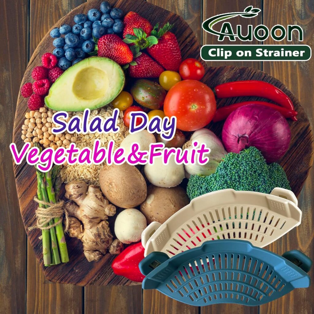 AUOON Clip On Strainer Silicone for All Pots and Pans, Pasta Strainer Clip on Food Strainer for Meat Vegetables Fruit Silicone Kitchen Colander