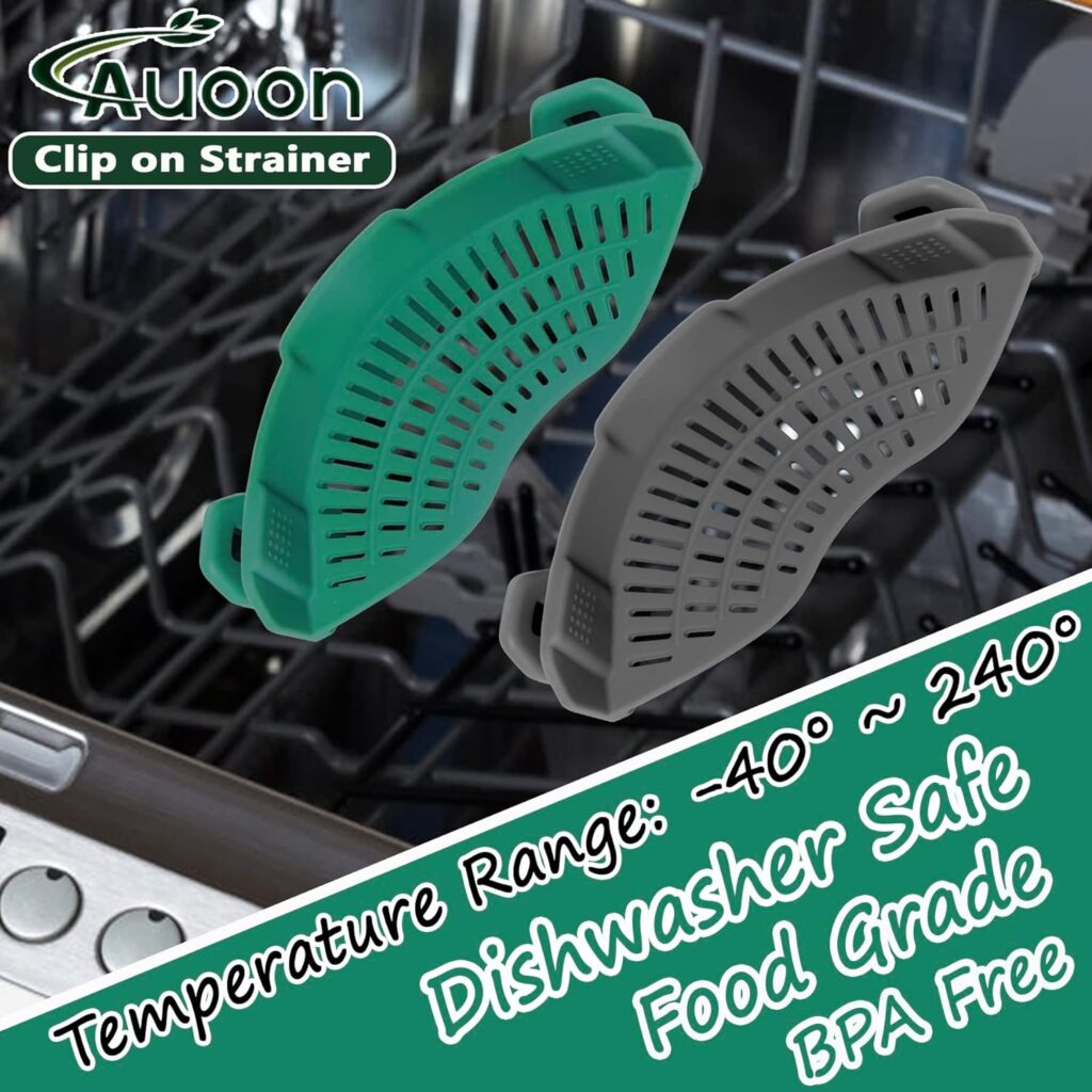 AUOON Clip On Strainer Silicone for All Pots and Pans, Pasta Strainer Clip on Food Strainer for Meat Vegetables Fruit Silicone Kitchen Colander