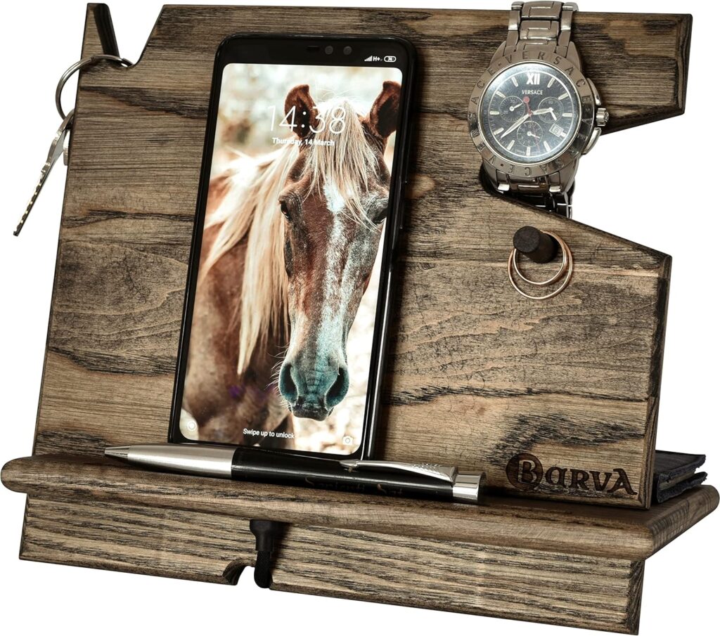 BARVA Wood Docking Station Farmhouse Decor Nightstand Organizer Phone Wallet Watch Stand Key Holder Charging Dock Desk Accessories Tech Gadgets Bedside Caddy Birthday Gifts for Men Side Table EDC Tray