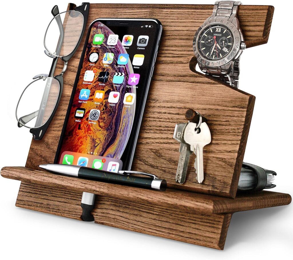 BARVA Wood Docking Station Farmhouse Decor Nightstand Organizer Phone Wallet Watch Stand Key Holder Charging Dock Desk Accessories Tech Gadgets Bedside Caddy Birthday Gifts for Men Side Table EDC Tray