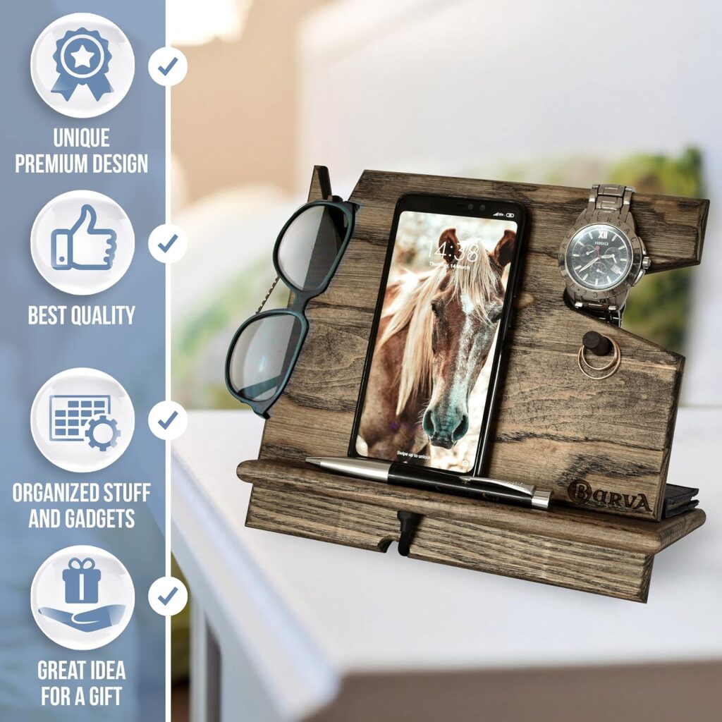 BARVA Wood Docking Station Farmhouse Decor Nightstand Organizer Phone Wallet Watch Stand Key Holder Charging Dock Desk Accessories Tech Gadgets Bedside Caddy Birthday Gifts for Men Side Table EDC Tray