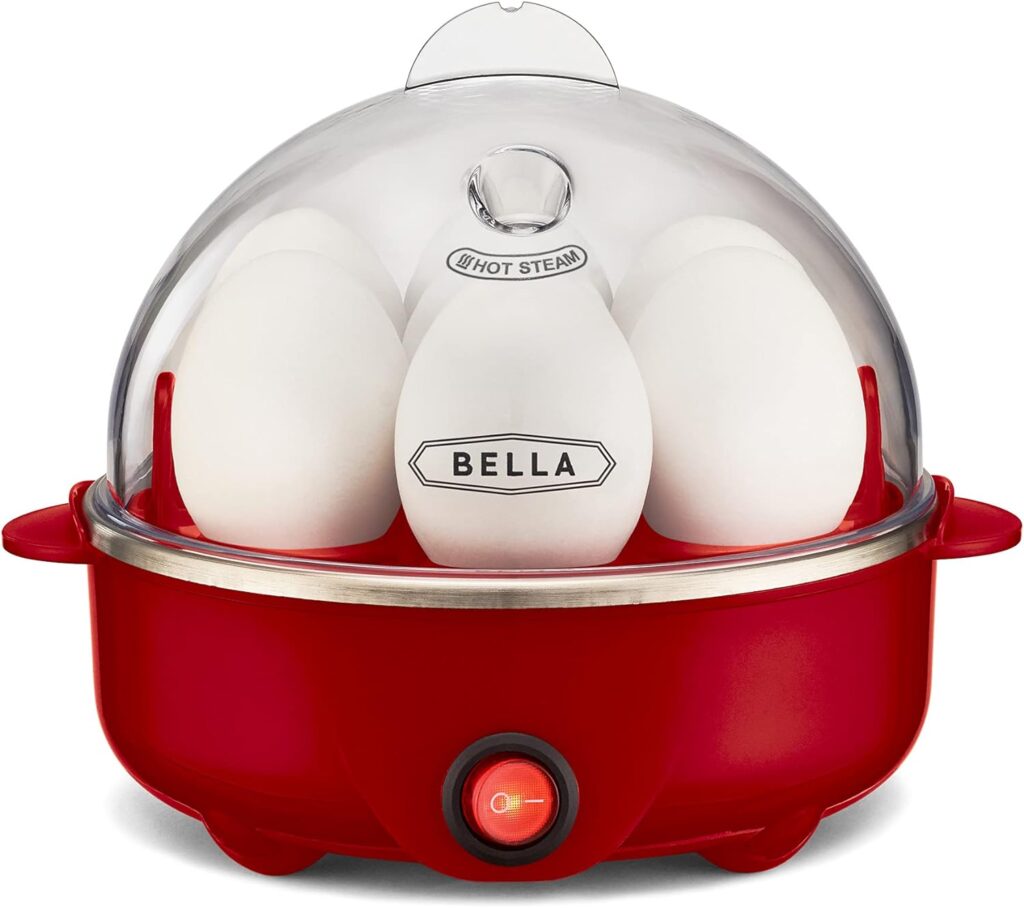 BELLA Rapid Electric Egg Cooker and Poacher with Auto Shut Off for Omelet, Soft, Medium and Hard Boiled Eggs - 7 Egg Capacity Tray, Single Stack, Red