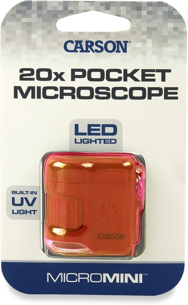 Carson MicroMini 20x LED Lighted Pocket Microscope with Built-In UV and LED Flashlight - Blue