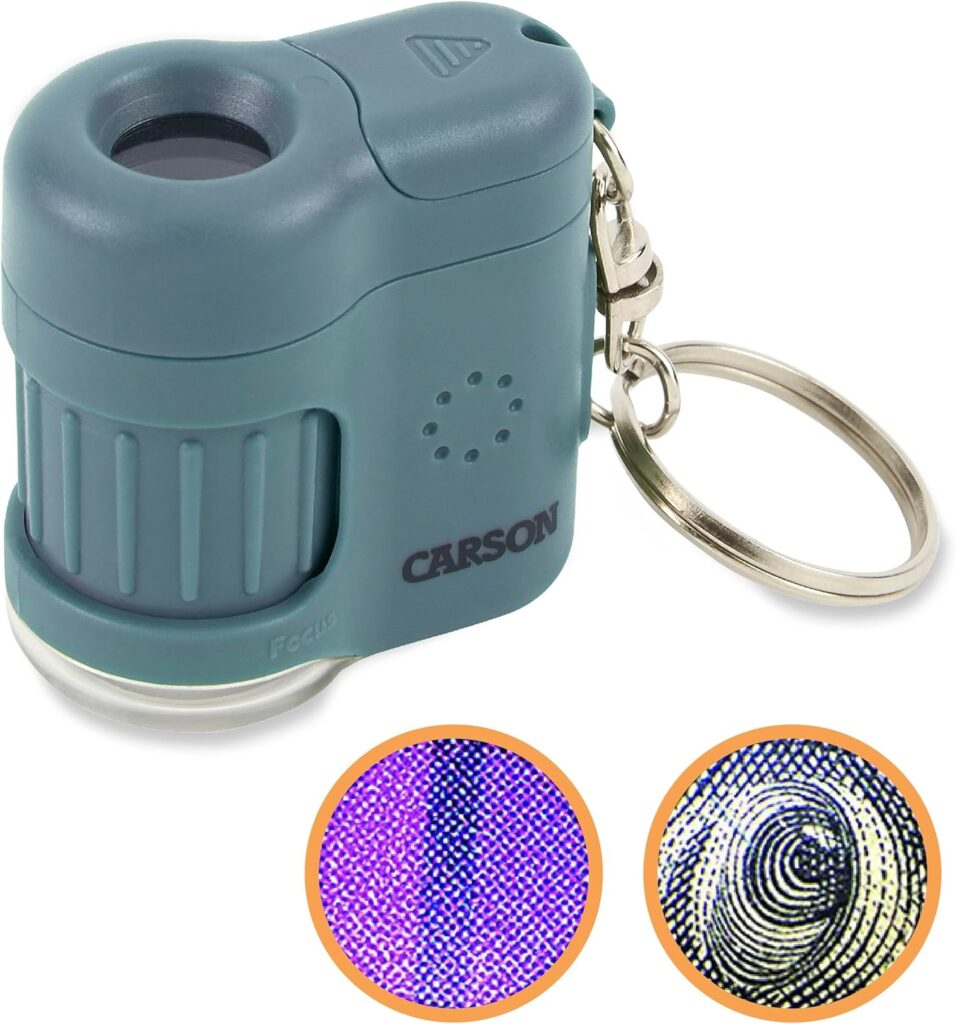 Carson MicroMini 20x LED Lighted Pocket Microscope with Built-In UV and LED Flashlight - Blue