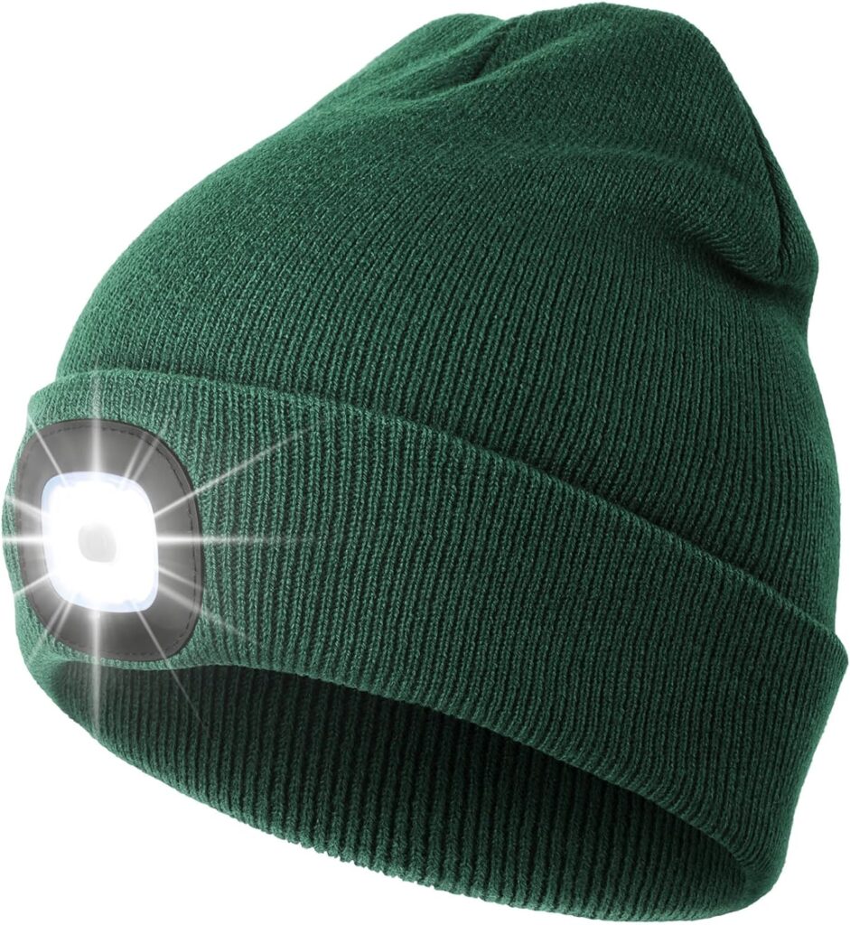 CENSGO Beanie with Light, Unisex USB Rechargeable LED Beanie Gift for Men Lighted Knitted Stocking Cap Ideal Gadgets for Men Dad Father Him (Imperial Green)