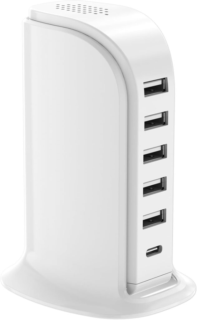 Charging Station for Multiple Devices Upoy, USB Hub with 5 USB+1 Type C Ports Total 60W, Charging Blocks Fast Charging for Apple/Samsung/Android Gadgets, Cute Home Office Desk Accessories
