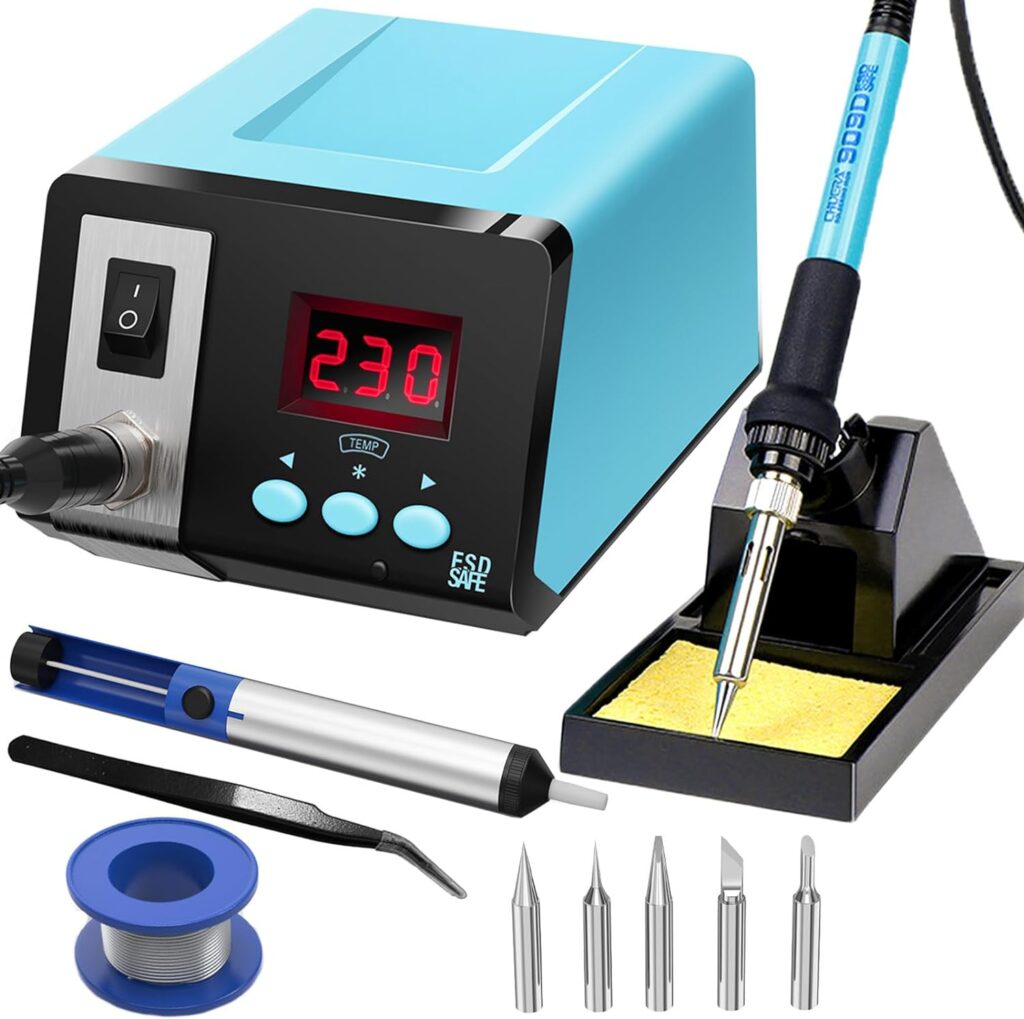 Daxiongmao Soldering Station, 75W Soldering Iron Kit, Portable Soldering Kit with 5 Iron Head Tips, Sponge, Soldering Iron Bracket, Tin Suction Gun, Lead-free Tin Wire, Tweezers, Gadgets for Men
