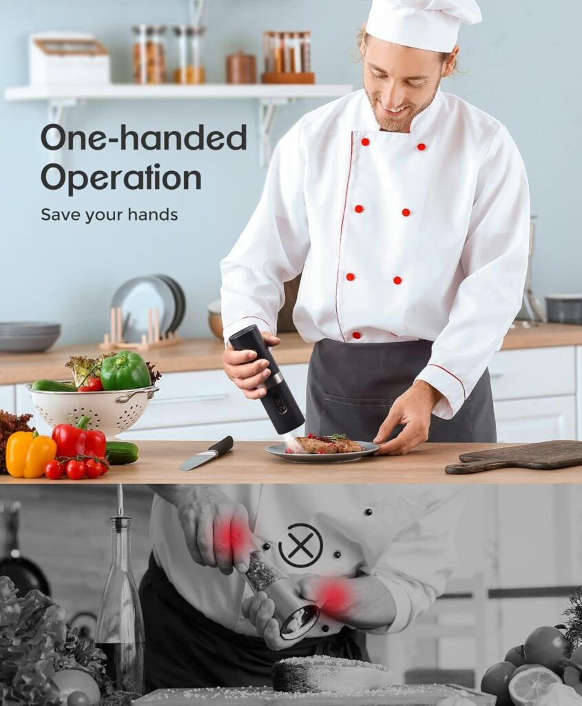 Electric Salt and Pepper Grinder Set, 𝟮𝟬𝟮𝟰 𝙉𝙚𝙬 Rechargeable Salt and Pepper Mill with 4*Rechargeable Batteries, Charging Base, White Light, One Hand Automatic Operation, Black, 2Pack