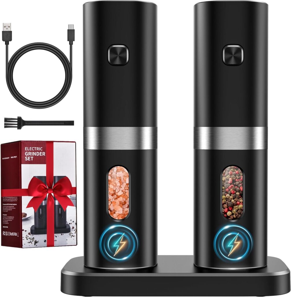 Electric Salt and Pepper Grinder Set, 𝟮𝟬𝟮𝟰 𝙉𝙚𝙬 Rechargeable Salt and Pepper Mill with 4*Rechargeable Batteries, Charging Base, White Light, One Hand Automatic Operation, Black, 2Pack