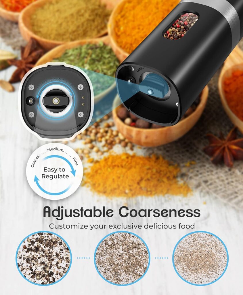 Electric Salt and Pepper Grinder Set, 𝟮𝟬𝟮𝟰 𝙉𝙚𝙬 Rechargeable Salt and Pepper Mill with 4*Rechargeable Batteries, Charging Base, White Light, One Hand Automatic Operation, Black, 2Pack