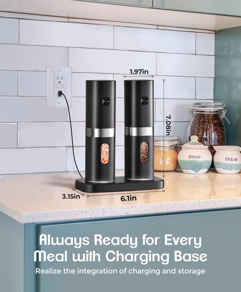 Electric Salt and Pepper Grinder Set, 𝟮𝟬𝟮𝟰 𝙉𝙚𝙬 Rechargeable Salt and Pepper Mill with 4*Rechargeable Batteries, Charging Base, White Light, One Hand Automatic Operation, Black, 2Pack