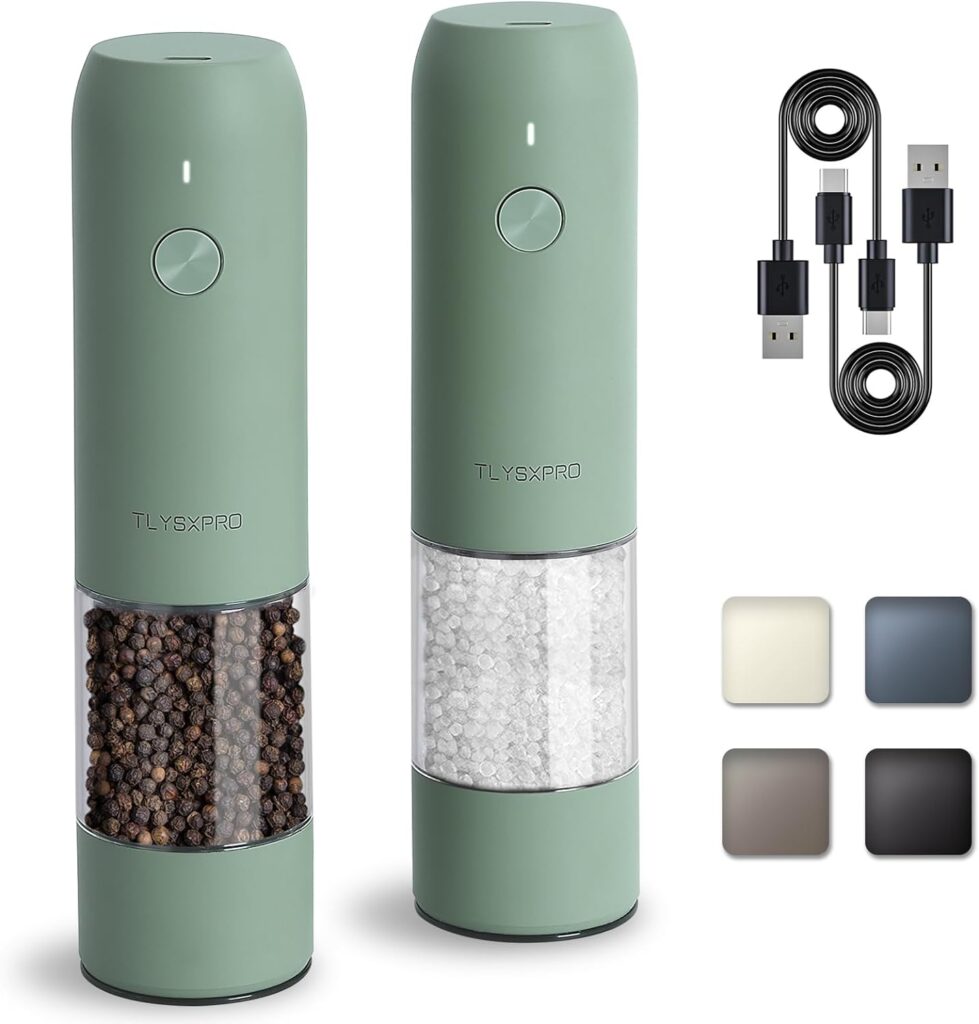 Electric Salt and Pepper Grinder Set, USB Rechargeable, Automatic Salt and Pepper Mill Grinder with Adjustable Coarseness, Electric Salt Shakers, LED Light, Refillable (2 Packs, Sage)