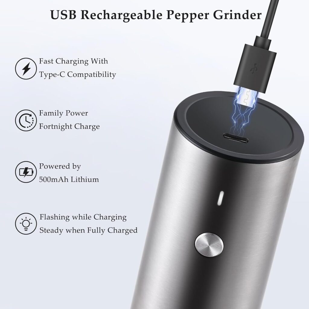 Electric Salt and Pepper Grinder Set, USB Rechargeable, Automatic Salt and Pepper Mill Grinder with Adjustable Coarseness, Electric Salt Shakers, LED Light, Refillable (2 Packs, Sage)