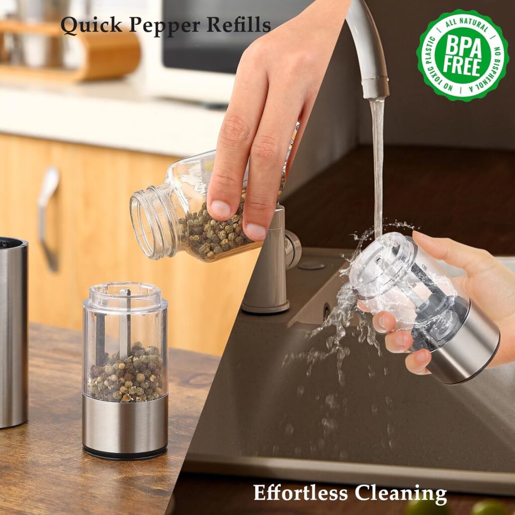 Electric Salt and Pepper Grinder Set, USB Rechargeable, Automatic Salt and Pepper Mill Grinder with Adjustable Coarseness, Electric Salt Shakers, LED Light, Refillable (2 Packs, Sage)