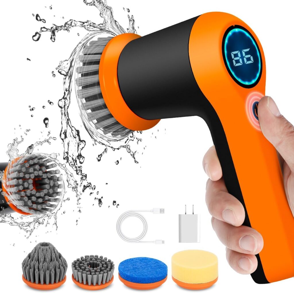 Electric Spin Scrubber, Power Scrubber Cordless Electric Shower Scrubber for Cleaning with LED Display, for Bathroom, Tub, Kitchen Stove, Tile Grout with 4 Brush Heads (White)