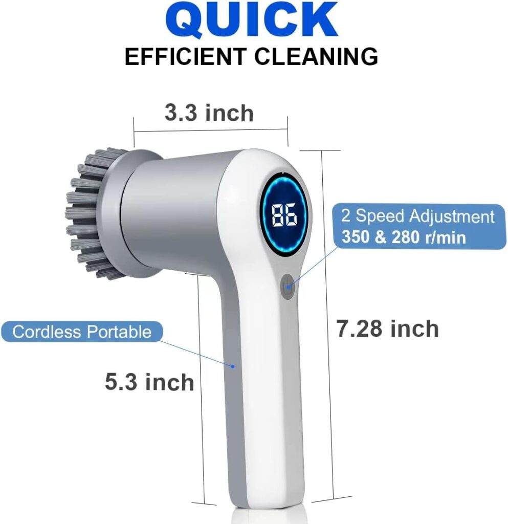 Electric Spin Scrubber, Power Scrubber Cordless Electric Shower Scrubber for Cleaning with LED Display, for Bathroom, Tub, Kitchen Stove, Tile Grout with 4 Brush Heads (White)