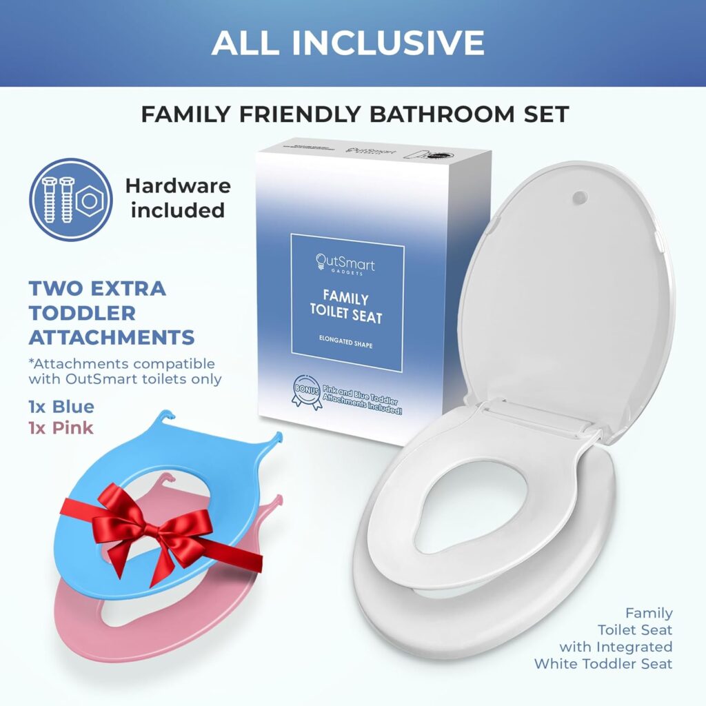Elongated Family Toilet Seat with Built-In Toddler Potty Training Attachment and Adult Seat, 2 Extra Toddler Seats with Easy Install, All-in-One Slow Close Seat with Magnet Design