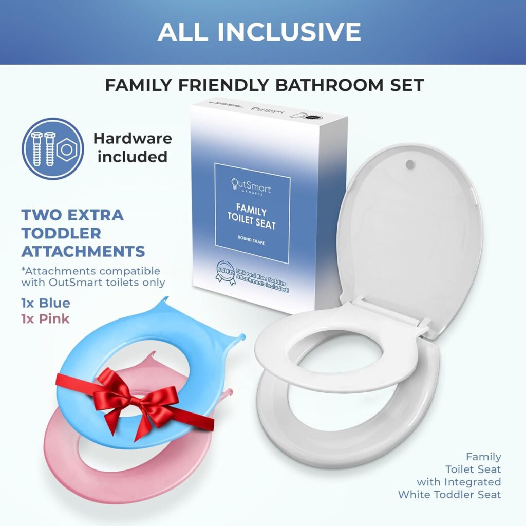 Elongated Family Toilet Seat with Built-In Toddler Potty Training Attachment and Adult Seat, 2 Extra Toddler Seats with Easy Install, All-in-One Slow Close Seat with Magnet Design