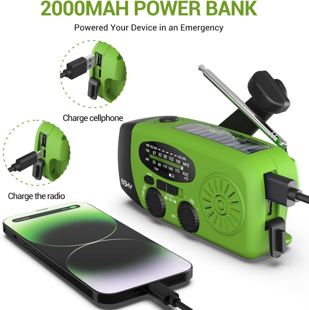 Esky Emergency Hand Crank Radio with 3 LED Flashlight, AM/FM/NOAA Portable Weather Radio with 2000mAh Power Bank Phone Charger, Solar Powered Rechargeable Radio for Indoor Survival Camping, SOS Alarm
