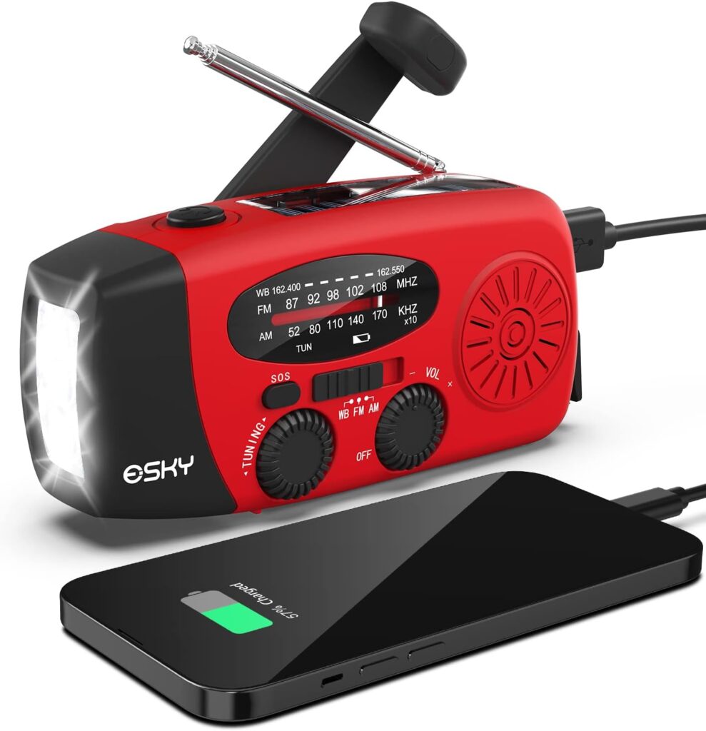 Esky Emergency Hand Crank Radio with 3 LED Flashlight, AM/FM/NOAA Portable Weather Radio with 2000mAh Power Bank Phone Charger, Solar Powered Rechargeable Radio for Indoor Survival Camping, SOS Alarm