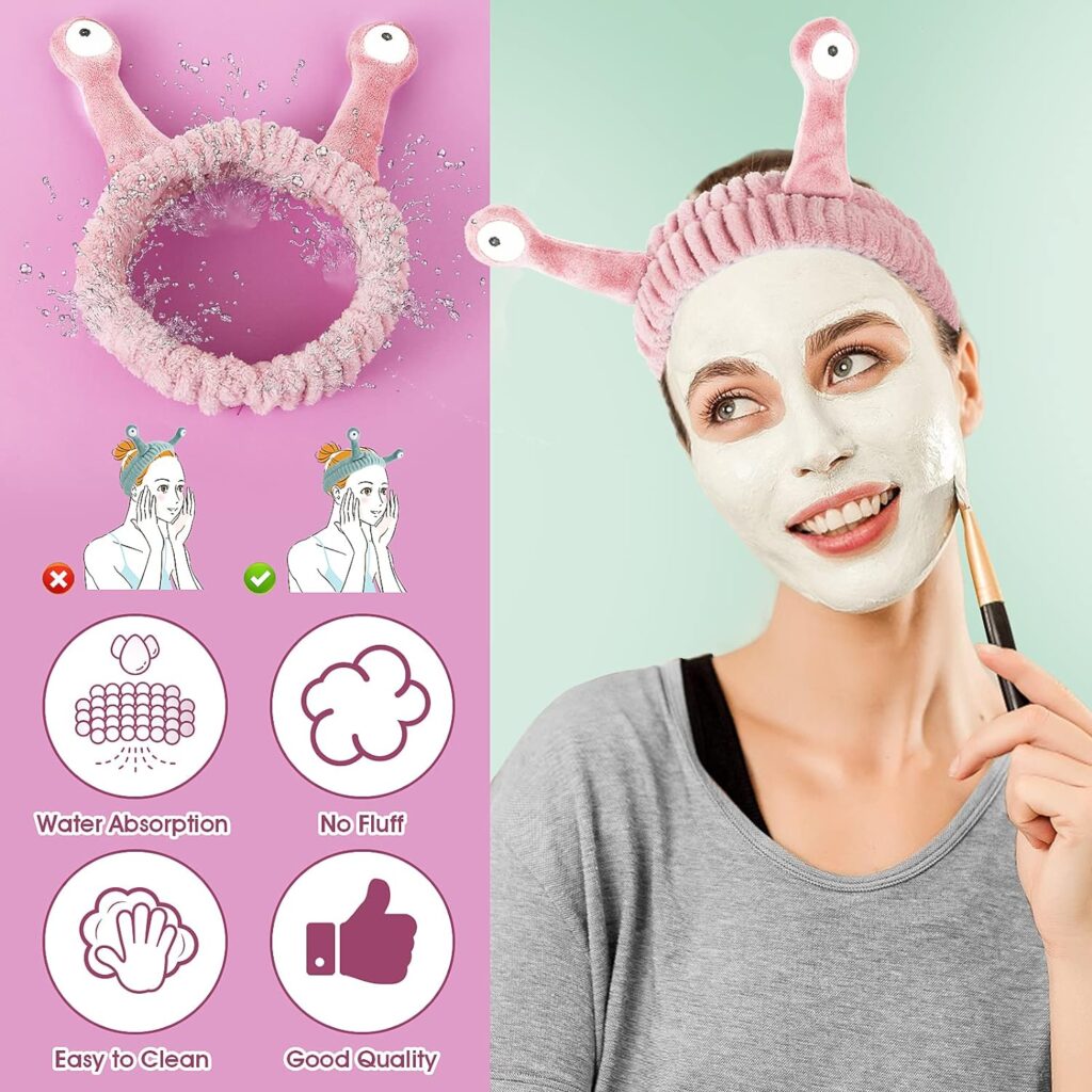 Face Wash Headband, Palm and Snail Spa Hair Bands Makeup Headbands Women Cartoon Cute Coral Fleece Elastic Headband Creative Hair Accessories for Washing Face Shower Sports Beauty Skincare