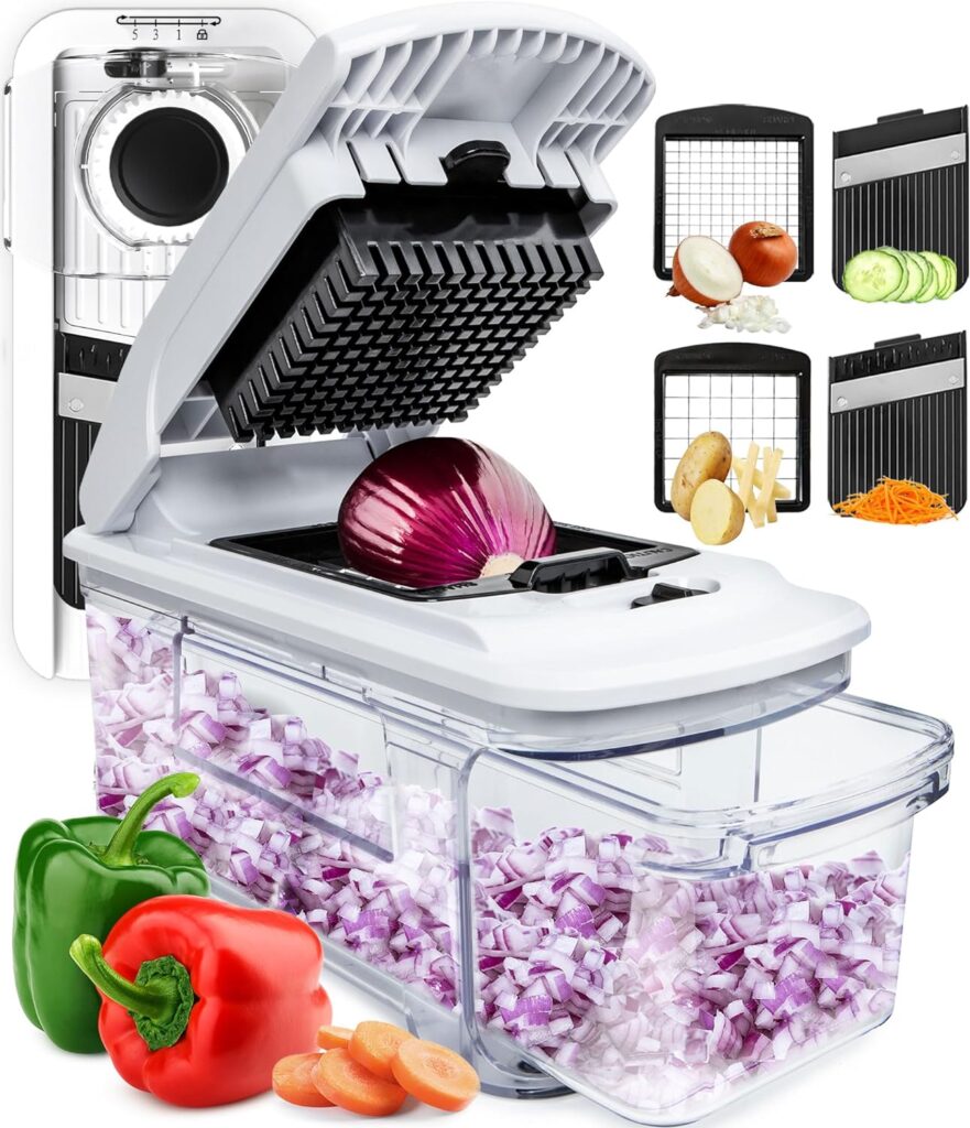 Fullstar All-in-1 Vegetable Chopper, Mandoline Slicer  Cheese Grater - Multi Blade French Fry Cutter  Veggie Dicer - Includes Bonus Handheld Spiralizer  Kitchen Gadgets (6 in 1,Black/White)