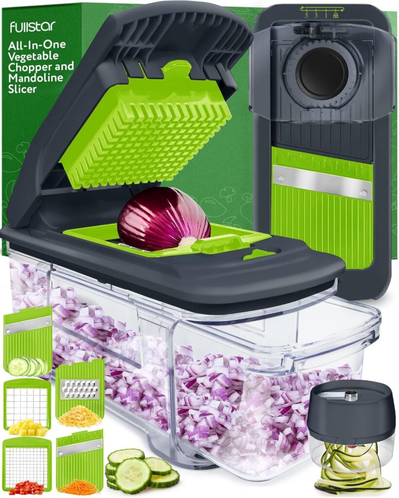 Fullstar All-in-1 Vegetable Chopper, Mandoline Slicer  Cheese Grater - Multi Blade French Fry Cutter  Veggie Dicer - Includes Bonus Handheld Spiralizer  Kitchen Gadgets (6 in 1,Black/White)
