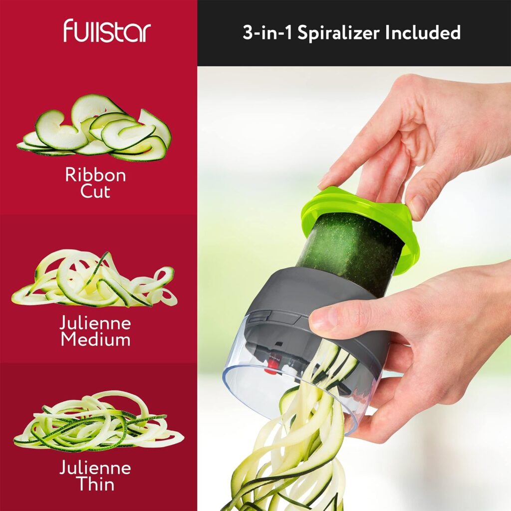 Fullstar All-in-1 Vegetable Chopper, Mandoline Slicer  Cheese Grater - Multi Blade French Fry Cutter  Veggie Dicer - Includes Bonus Handheld Spiralizer  Kitchen Gadgets (6 in 1,Black/White)