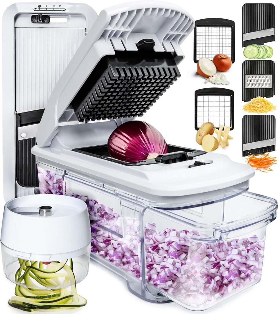 Fullstar All-in-1 Vegetable Chopper, Mandoline Slicer  Cheese Grater - Multi Blade French Fry Cutter  Veggie Dicer - Includes Bonus Handheld Spiralizer  Kitchen Gadgets (6 in 1,Black/White)