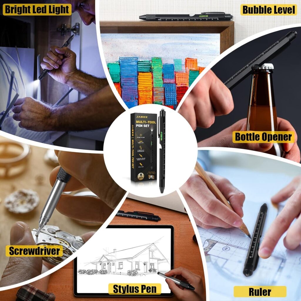 Gifts for Men, 9 in 1 Multitool Pen Set, Cool Gadgets for Men Dad Him Boyfriend Husband Fathers Day Birthday Gifts, Tool Pen with Led Light, Stylus, Screwdriver, Bottle Opener, Ruler, Level(Black)