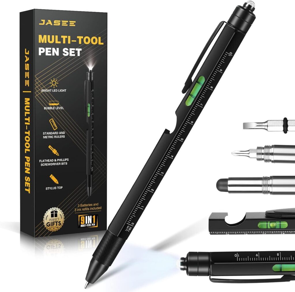 Gifts for Men, 9 in 1 Multitool Pen Set, Cool Gadgets for Men Dad Him Boyfriend Husband Fathers Day Birthday Gifts, Tool Pen with Led Light, Stylus, Screwdriver, Bottle Opener, Ruler, Level(Black)