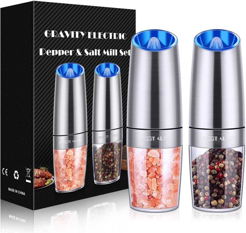 Gravity Electric Pepper and Salt Grinder Set, Salt and Pepper Mill  Adjustable Coarseness, Battery Powered with LED Light, One Hand Automatic Operation, Stainless Steel (Set/Silver)