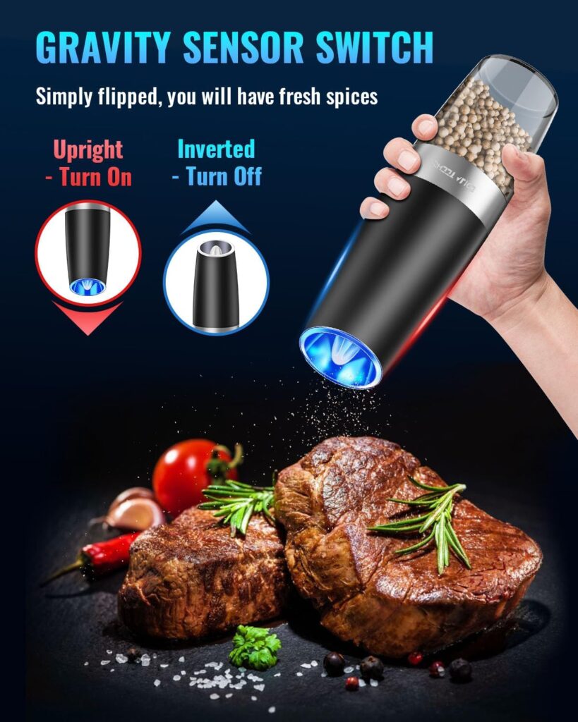 Gravity Electric Pepper and Salt Grinder Set, Salt and Pepper Mill  Adjustable Coarseness, Battery Powered with LED Light, One Hand Automatic Operation, Stainless Steel (Set/Silver)