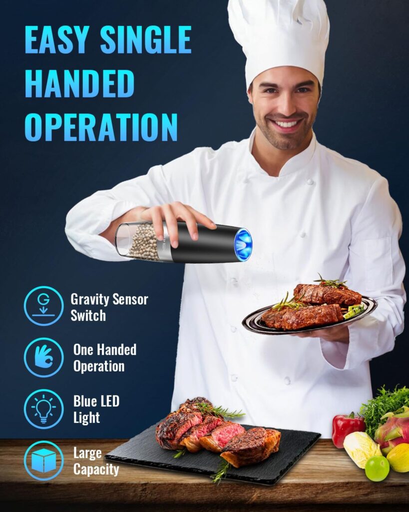 Gravity Electric Pepper and Salt Grinder Set, Salt and Pepper Mill  Adjustable Coarseness, Battery Powered with LED Light, One Hand Automatic Operation, Stainless Steel (Set/Silver)