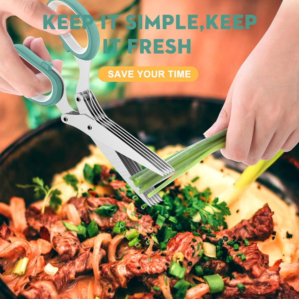 Herb Scissors Set - Cool Kitchen Gadgets for Cutting Fresh Garden Herbs - Herb Cutter Shears with 5 Blades and Cover, Sharp and Anti-rust Stainless Steel, Dishwasher Safe (Black-White)