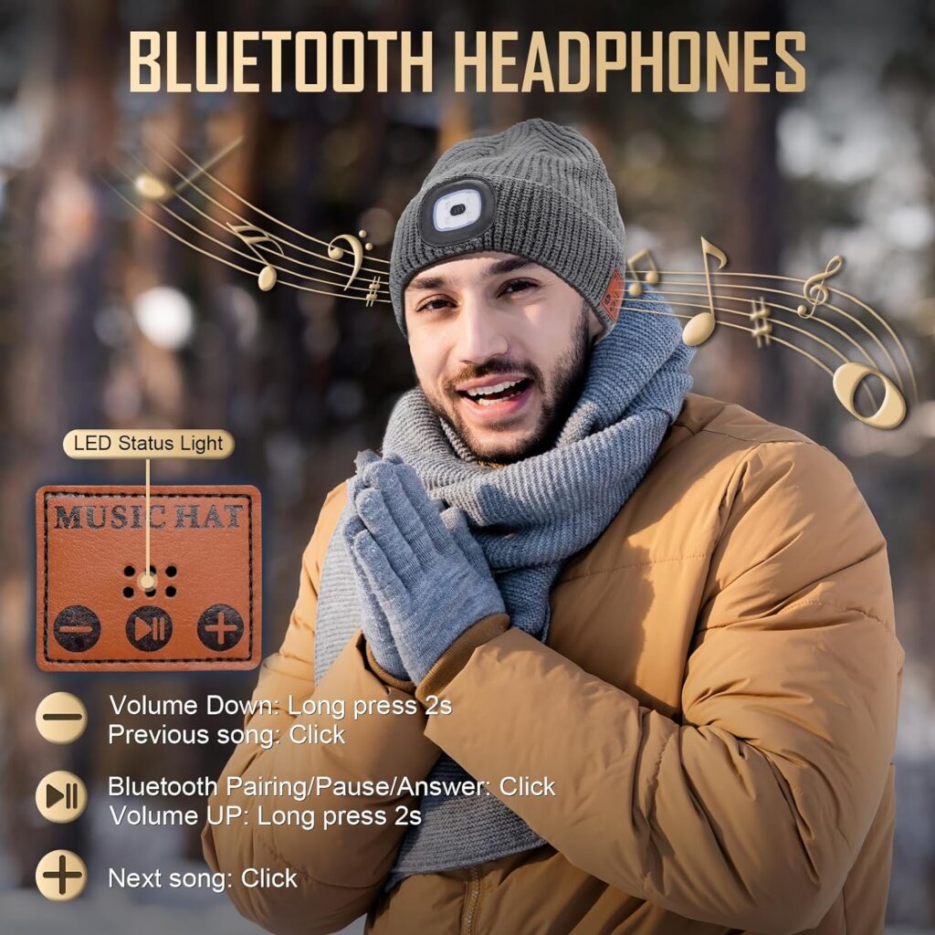 Hinshark Gifts for Men, LED Bluetooth Beanie Hat, Birthday Gifts for Him, Men, Dad, Women, Tools Cool Gadgets for Men Grey