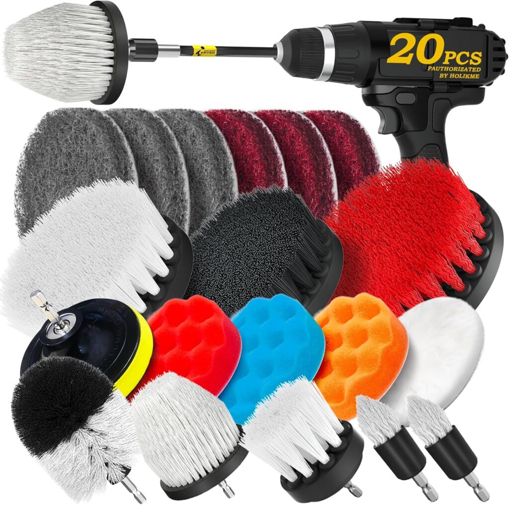 Holikme 20Pack Drill Brush Attachments Set, White Scrub Pads  Sponge, Power Scrubber Brush with Extend Long Attachment All Purpose Clean for Grout, Tiles, Sinks, Bathroom, Kitchen  Auto,White