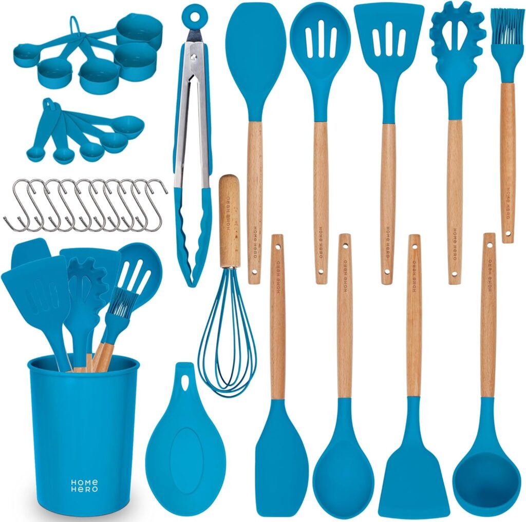Home Hero 33 Pcs Silicone Kitchen Utensils Set, Non-Stick Silicone Cooking Utensils Set with Spatula, Wooden Handle Spatula, Silicone Kitchen Gadgets Utensil Set (33 Pcs - Black)