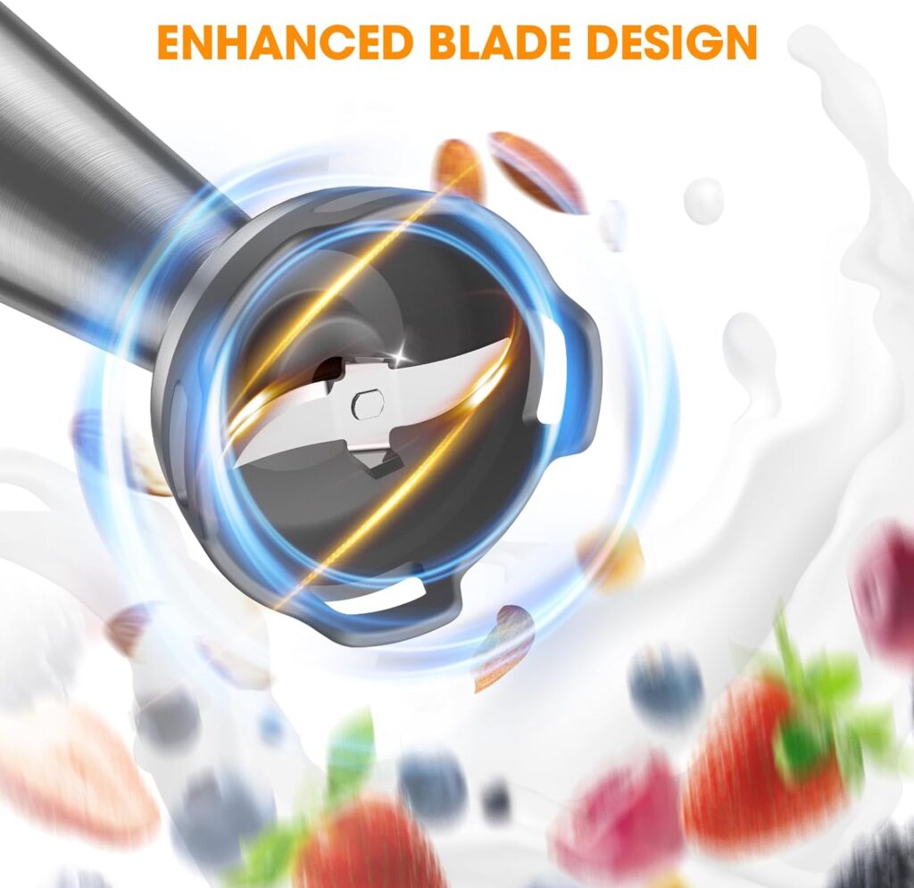 Immersion Blender, 1000W Anti-scratch 5-in-1 Hand Blender, Upgraded 12 Speed Stainless Steel Blade Stick Blender with Turbo Mode, 20oz Beaker, 17oz Chopping Bowl, Whisk, BPA-Free