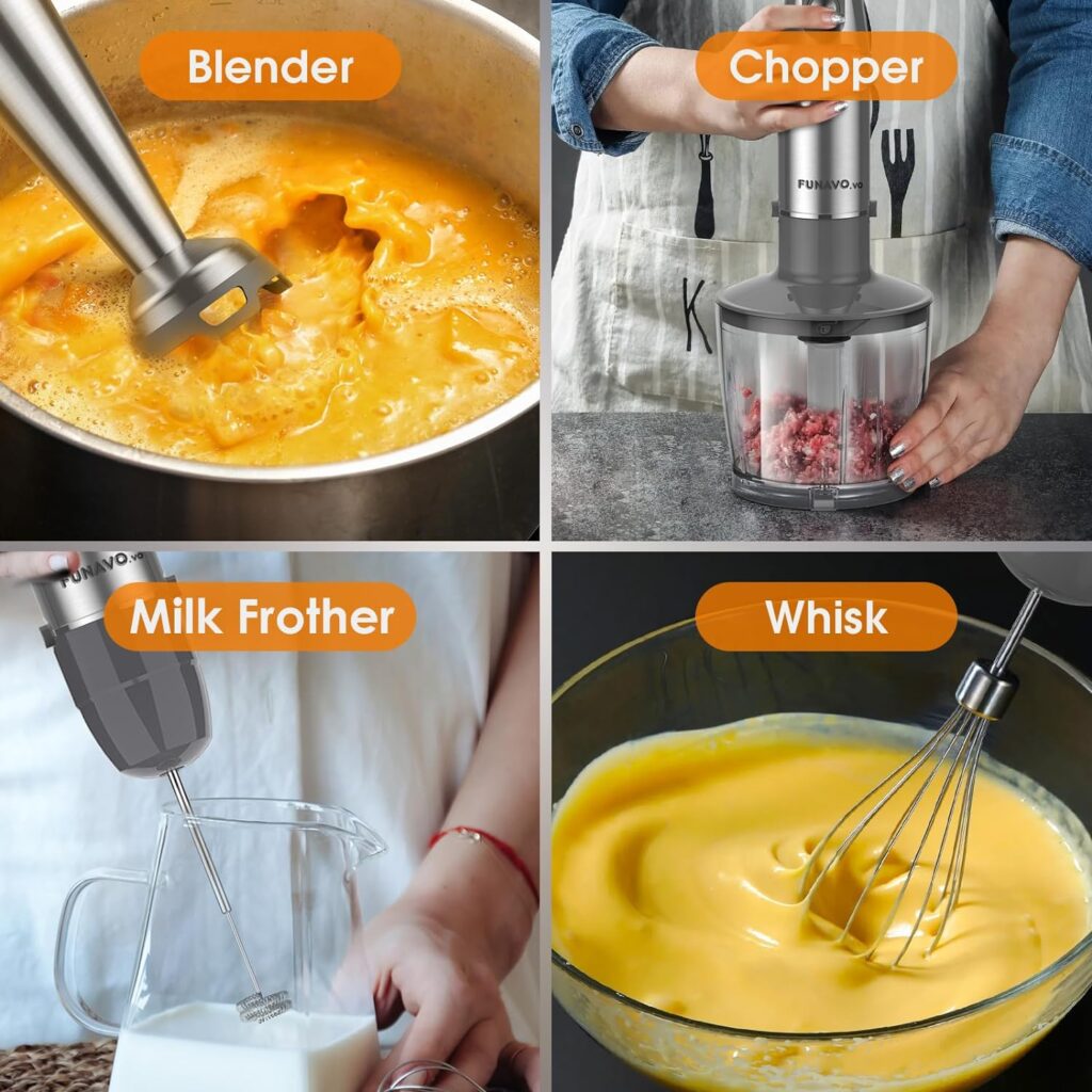 Immersion Blender, 1000W Anti-scratch 5-in-1 Hand Blender, Upgraded 12 Speed Stainless Steel Blade Stick Blender with Turbo Mode, 20oz Beaker, 17oz Chopping Bowl, Whisk, BPA-Free