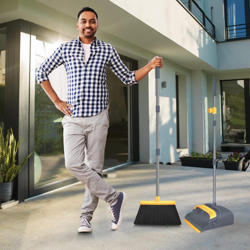 kelamayi Broom and Dustpan Set for Home，Broom and Dustpan Set, Broom Dustpan Set, Broom and Dustpan Combo for Office, IndoorOutdoor Sweeping, Stand Up Broom and Dustpan (GrayYellow)