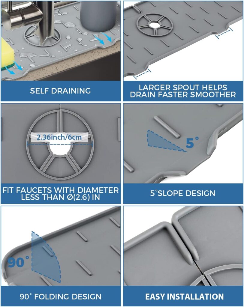Kitchen Sink Splash Guard - Silicone Faucet Handle Drip Catcher Tray, Dish Soap Dispenser and Sponge Holder Mat Behind Faucet, Kitchen Guard Gadgets Sink Accessories for Kitchen Counter and Bathroom