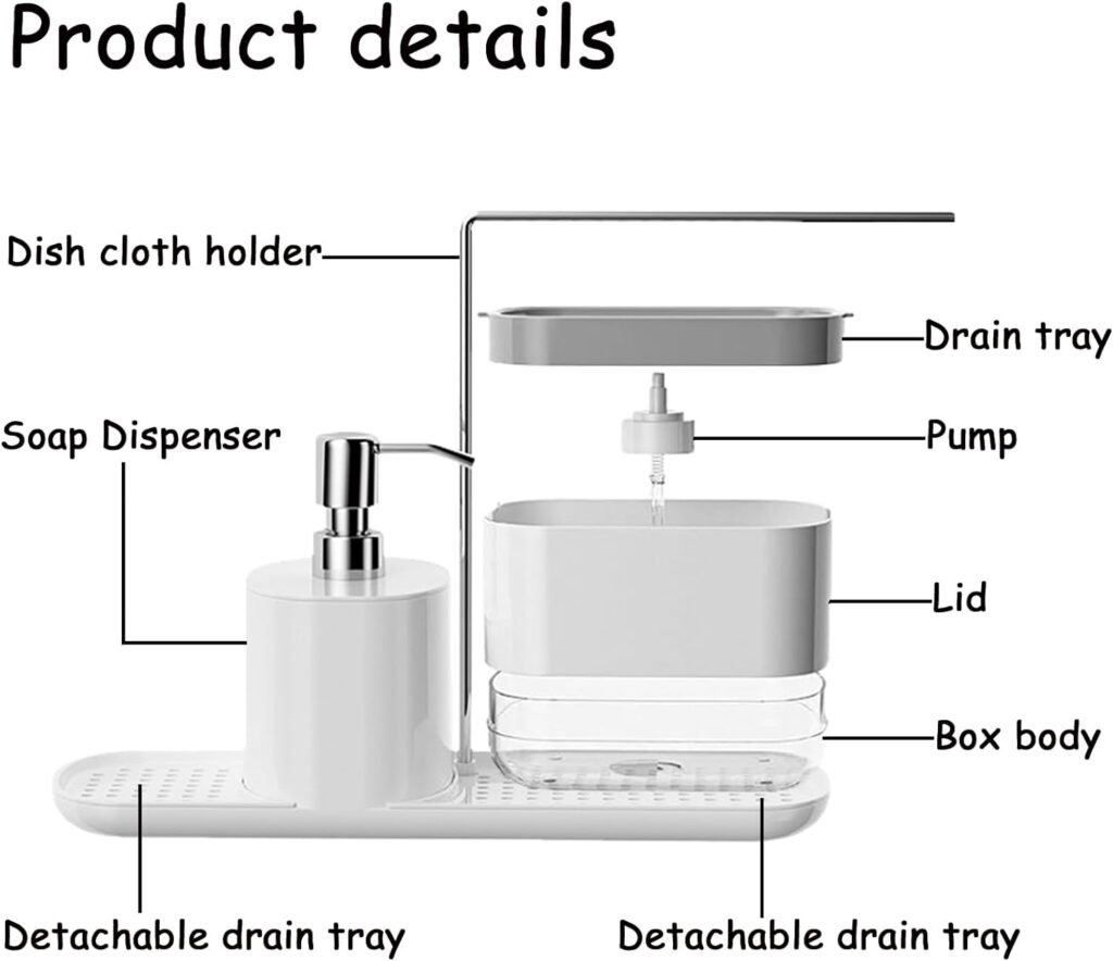 Kitchen Soap Dispenser Set with Tray and Dishcloth Holder, Dish Soap Dispenser for Kitchen Sink Countertop Storage with Holder, Kitchen Soap Tray Kitchen Gadgets (White)