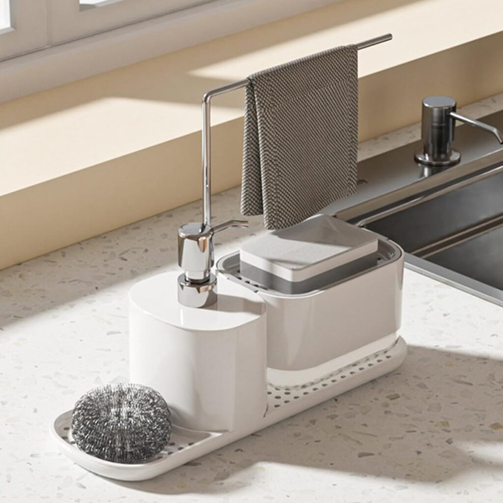 Kitchen Soap Dispenser Set with Tray and Dishcloth Holder, Dish Soap Dispenser for Kitchen Sink Countertop Storage with Holder, Kitchen Soap Tray Kitchen Gadgets (White)