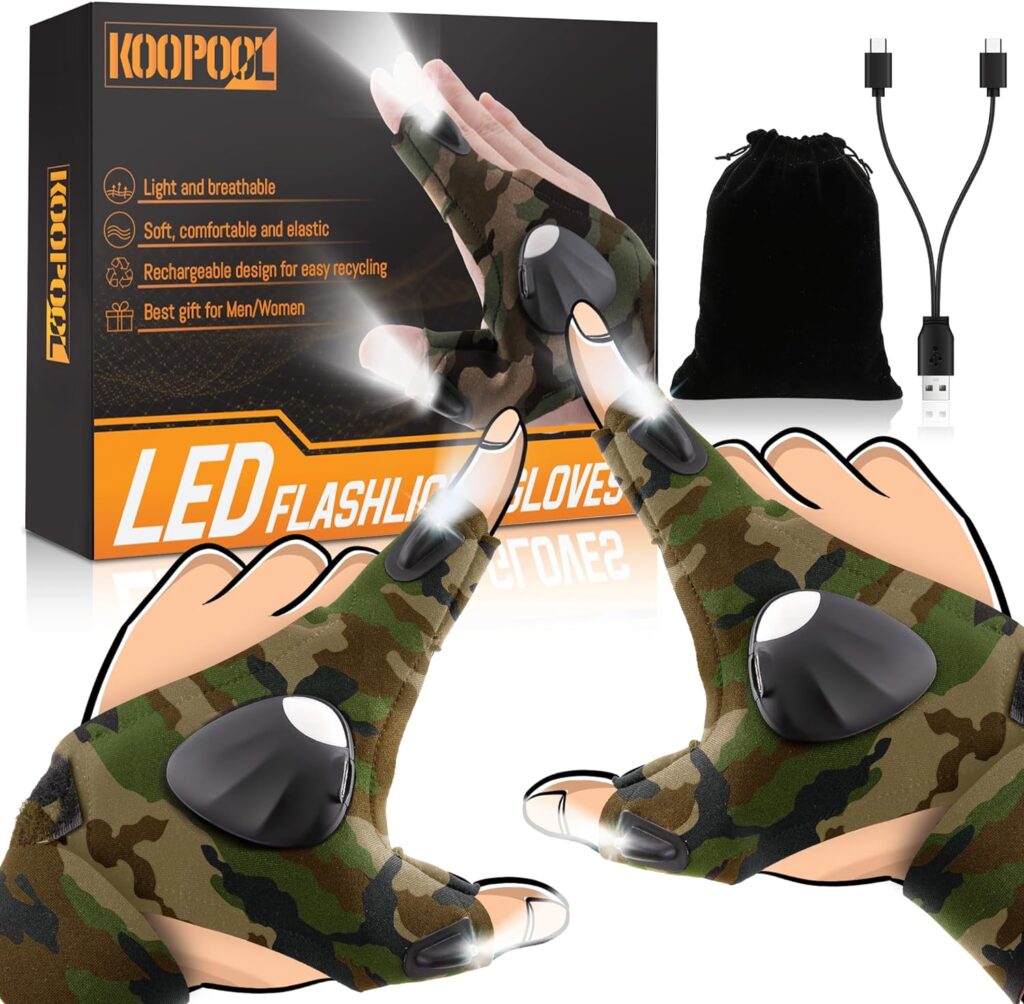 LED Rechargeable Flashlight Gloves Outdoor Fishing Gloves Tools Glove Lights Finger Unique Cool Gadgets Gifts Idea  Valentines Day Gifts Stocking Stuffers for Men, Him, Dad, Father, Husband