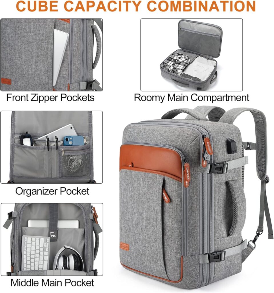 Lumesner Carry on Backpack, Extra Large 40L Flight Approved Travel Backpack for Men  Women,Expandable Large Suitcase Backpacks With 4 Packing Cubes,Water Resistant Luggage Daypack Weekender Bag,Grey