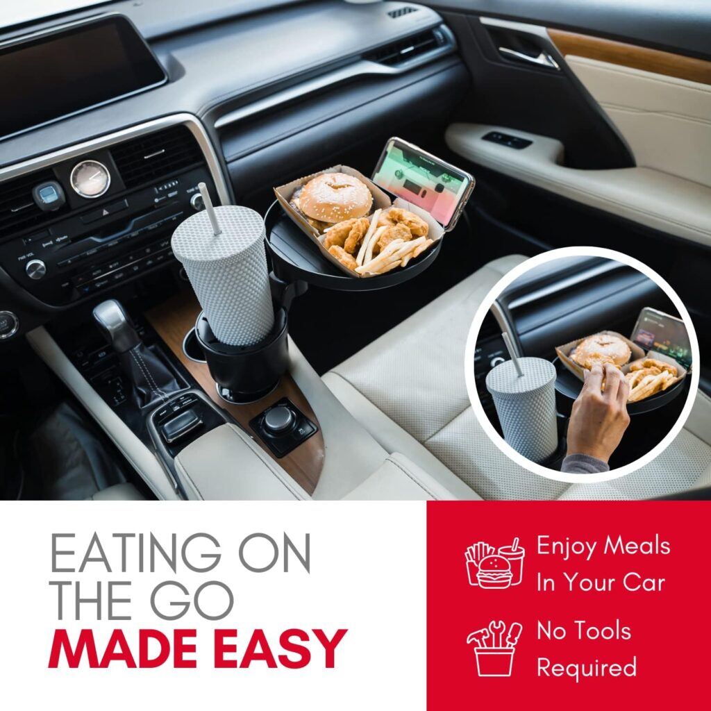 Macally Cup Holder Tray- Perfect Adjustable Car Food Tray for Eating with Phone Slot and Swivel Arm -Organizer - Road Trip Essential Car Travel Accessories Gadgets
