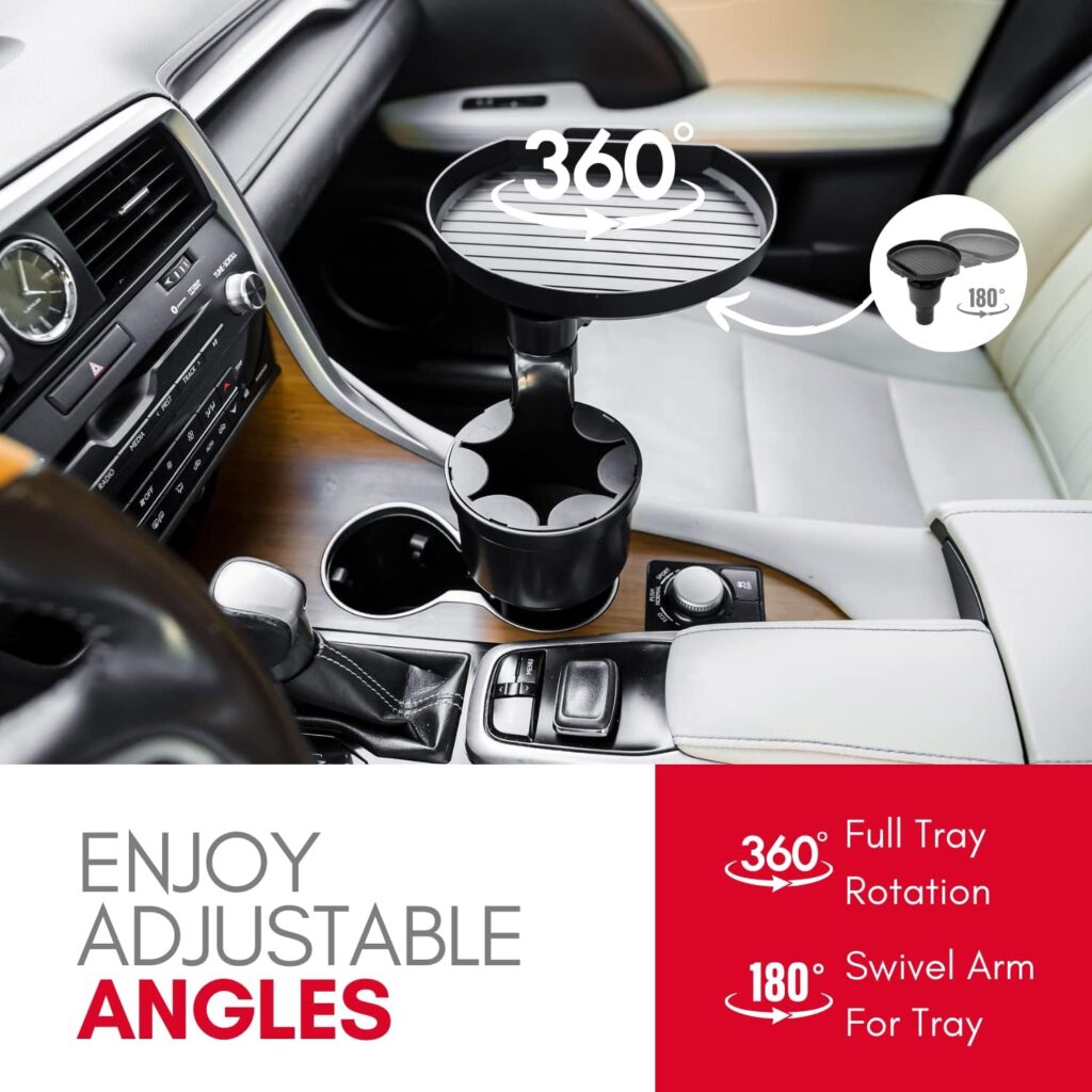 Macally Cup Holder Tray- Perfect Adjustable Car Food Tray for Eating with Phone Slot and Swivel Arm -Organizer - Road Trip Essential Car Travel Accessories Gadgets