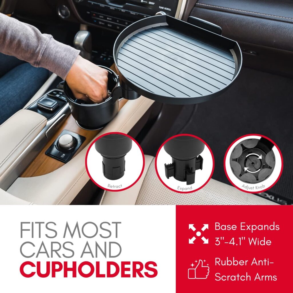 Macally Cup Holder Tray- Perfect Adjustable Car Food Tray for Eating with Phone Slot and Swivel Arm -Organizer - Road Trip Essential Car Travel Accessories Gadgets